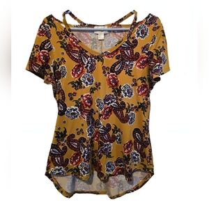 Just Be Fall Colors And Floral Print Short Sleeve Shirt Size Medium Gold Flowery